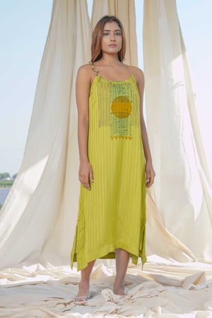 Banana Dress - Yellow Hand Blocked Self Weaved Spaghetti Dress Banana Dress - Yellow Hand Blocked Self Weaved Spaghetti Dress